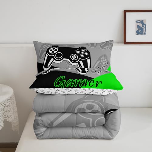 Feelyou Gamer Comforter Set Gaming Bedding Set for Teens Boys Video Game Decor Comforter Game Controller Quilted Duvet Set 1 Comforter with 2 Pillowcases Full Green Feelyou
