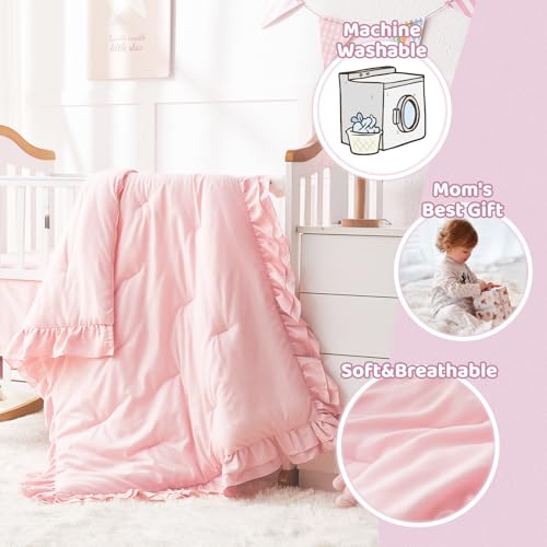 Wowelife Girl Crib Bedding Set, 3-Piece Crib Comforter Set for Girls, Boho Ruffle Pink Nursery Bedding Set Include Crib Comforter, Crib Fitted Sheet and Crib Skirt, Pink Wowelife