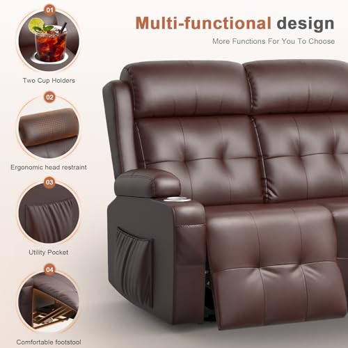 Futon Sofa Bed, 3-Seater Reclining Futon Home Theater Seating Couch with Flip Middle Backrest, RV Wall Hugger Sleeper Sofa Bed with Pockets, Dawer & Cup Holders, 150° Recline for RV & Living Room Tiooii