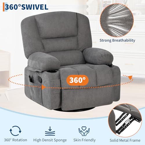 Massage Recliner Chair for Living Room, Chenille Rocker Recliner Chair for Adults with Vibration Massage and Heat, Adjustable Home Theater Seating for Living Room, Bedroom, 360° Swivel, Grey