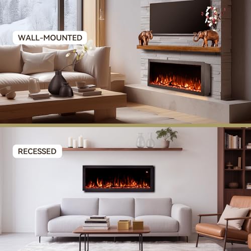 Tuan 50 Inch Linear Electric Fireplace, with Smart App Control, Wall Mount or in-Wall Recessed Fireplace Insert, 9 Hour Timer, 13 Color Changing Flames & Embers,750W/1500W Indoor Heater TUAN