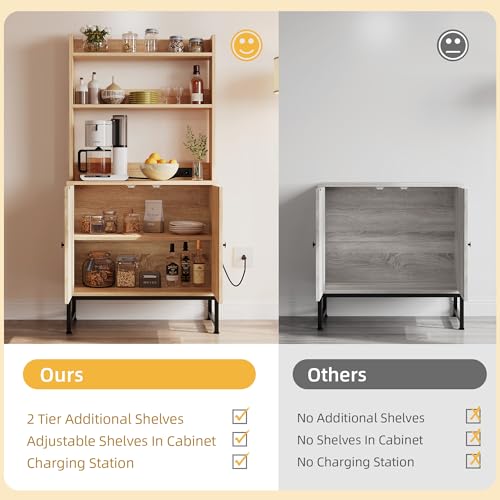 DWVO Oak Microwave Stand Bakers Rack with Power Outlet and Storage Cabinet DWVO