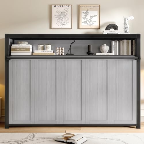 Metal Twin Size Murphy Bed with Shelves, Metal Foldable Wall Bed Chest Bed, Gray Bellemave