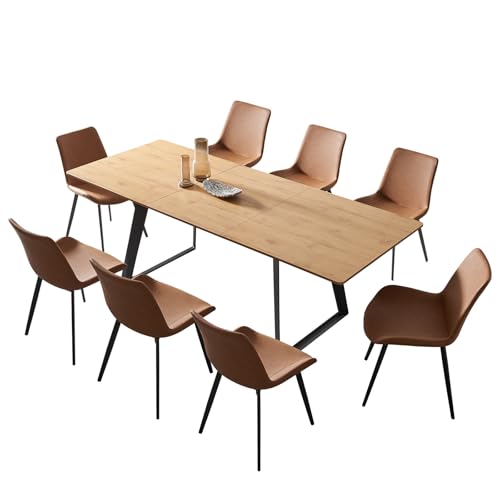 ZckyCine Expandable 8-Person Dining Table Set (63" - 79") with Modern Oak Table & 8 Brown Chairs – Ideal for Kitchens and Dining Rooms ZckyCine