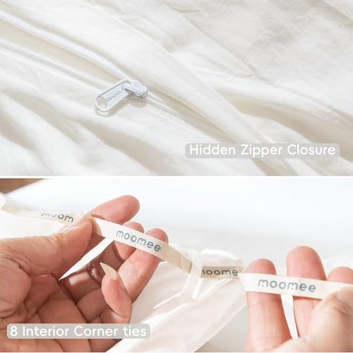 MooMee Bedding Duvet Cover Set 100% Washed Cotton Linen Like Textured Breathable Durable Soft Comfy (Solid Off White, Queen 90"x90") MooMee