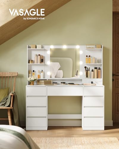 VASAGLE Kailyn Collection - Vanity Desk with Mirror and 9 LED Bulbs, Vanity Makeup Table with Power Outlets, Dressing Table with 9 Drawers, for Bedroom, Cloud White URDT141WB01S VASAGLE