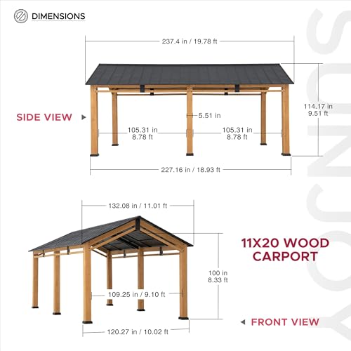 Sunjoy Carport 11 ft. x 20 ft. Standard Wood Gazebo Heavy Duty Garage, Cedar Framed Gazebo Car Shelter with Metal Roof and Movable Ceiling Hook Sunjoy