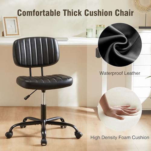 DUMOS Small Armless Home Desk Chair with Low Back Lumbar Support, Height Adjustable PU Leather Computer Task Chair with 360° Swivel Wheels, for Small Space, Kids and Adults, New Black DUMOS