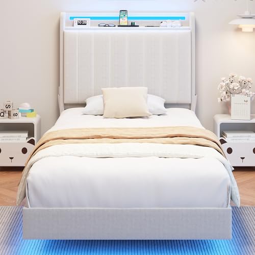 Twin Size Floating Bed Frame with Ergonomic Hidden Storage Headboard and LED Light,Visual Floating LED Bed Frame with Charing Station,Velvet Upholstered Platform Bed for Kid/Boy/Girl,Heavy Duty,White Jocoevol