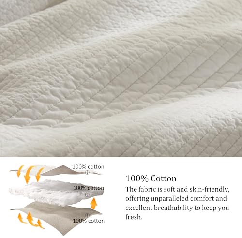 palassio Striped Beige 100% Cotton Quilt Queen Size Bedding Sets, Lightweight Crinkly Channel Pick Stitch Textured Bedspread Soft Shabby Chic Farmhouse Country Coverlet for All Season, 2 Shams palassio