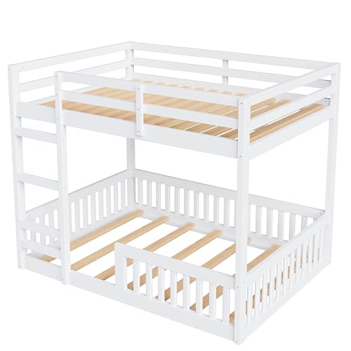 Bellemave Full Over Full Bunk Bed with Ladders Wood Bunk Beds with Full-Length Guardrails Floor Bunk Bed Frame for Kids, Boys, Girls, No Spring Box Needed, Pure White Bellemave