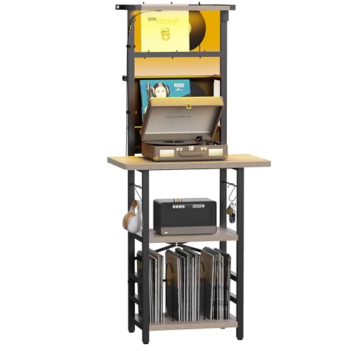 YAKANJ Record Player Stand with Led Light,Record Player Table with Vinyl Storage,Turntable Stand with Record Holder Vinyls Display Shelf for Music Room Studio,Greige YAKANJ