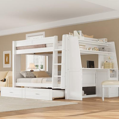 CKLMMC Full Size Multifunctional Bunk Bed with Desk and Bookshelves, Trundle, Space-Saving Wooden Bunk Bed for Kids & Teens (White/T)