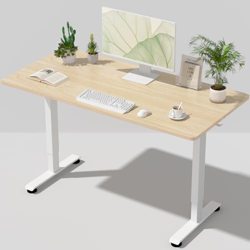 Veken 55 Inch Large Electric Standing Desk, 4 Memory Heights Adjustable,Sit to Stand Up, Work Home Office Computer Table for Study, Walking Pad, Writing, and Games, Wooden Desktop Desks, Nature Wood Veken