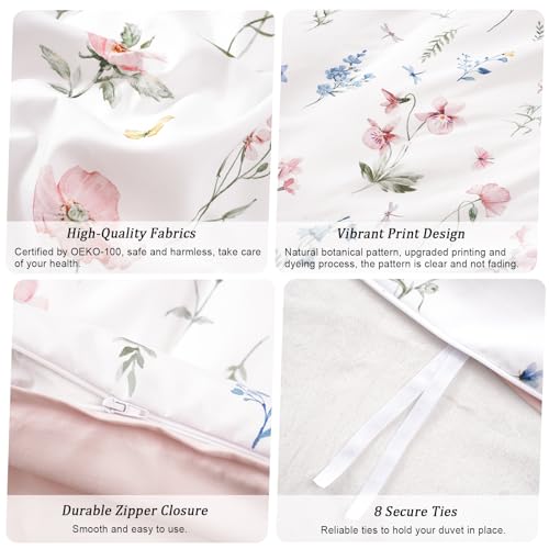 PHF Ultra Soft Floral Duvet Cover Queen Size, Printed Bedding Set 3 Pieces, Comfy Durable Farmhouse Duvet Cover Set with 2 Pillow Shams, Zipper Closure and 8 Ties, 90"x90", White & Pink PHF