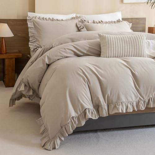 QSH Washed Cotton Duvet Cover King Ruffle Duvet Cover Linen Textured Farmhouse Shabby Vintage Chic Bedding Comforter Cover 3 PCs Aesthetic French Country Vintage King Bedding QSH