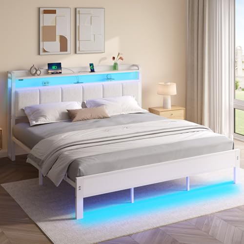 Rolanstar Bed Frame King Size with Charging Station and LED Lights, Upholstered Headboard with Storage Shelves, Heavy Duty Metal Slats, No Box Spring Need, Noise Free, Easy Assembly, White Rolanstar