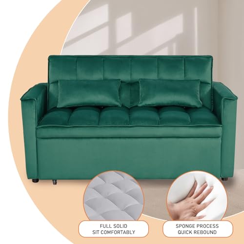 3 in 1 Convertible Sleeper Sofa Bed, Futon Couches for Living Room with Side Pocket | Adjustable Backrest| Velvet Fabric | Pull Out Couch | Love seat Sofa|2-seat Sofa Bed (Green) Generic