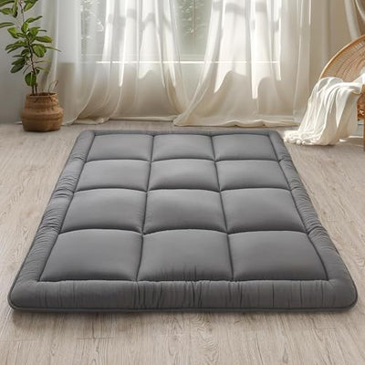 WhatsBedding Japanese Floor Mattress Futon Mattress 3" Grey Tatami Mat Shredded Memory Foam Filled Sleeping Pad, Foldable & Portable Roll Up Lounger Camping Bed for Kids and Adult,Queen Size 60"x 80"