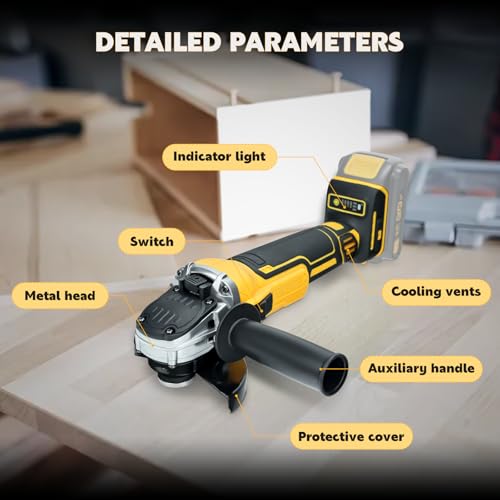 Cordless Angle Grinder for Dewalt 20v Batteries, 6600RPM Brushless Electric Grinder, 4 Variable Speed Metal Grinder for 4.9''Wheels with Adjustable Auxiliary Handle for Cutting, Polishing(No Battery) HLiePiHa