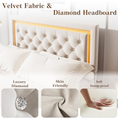 Garvee Floating Bed Frame Full Size with Smart Led Lights, Upholstered Platform Bed with Diamond Headboard, Solid Wood Slats Support, No Box Spring Needed, Noise-Free, Easy Assembly, White Garvee