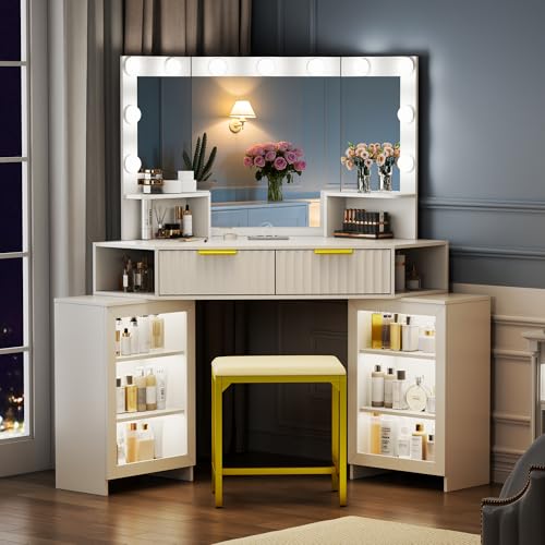 SKKTKT Vanity Desk with LED Lights Mirror & Power Outlet – Corner Design, Makeup Vanity Table Set with Storage Drawers & Chair, 3 Lighting Modes for Living Room/Bedroom, Ideal for Gift (White) SKKTKT