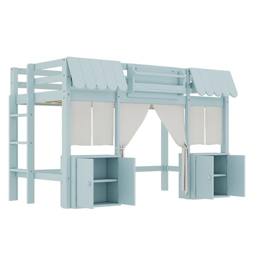 Harper & Bright Designs Twin Size Low Loft Bed for Kids, Solid Wood Loft Bed Frame with Built-in Bookshelf, Storage Shelf, Curtain, Guardrail and Ladder for Boys Girls, Easy Assembly, Light Blue Harper & Bright Designs