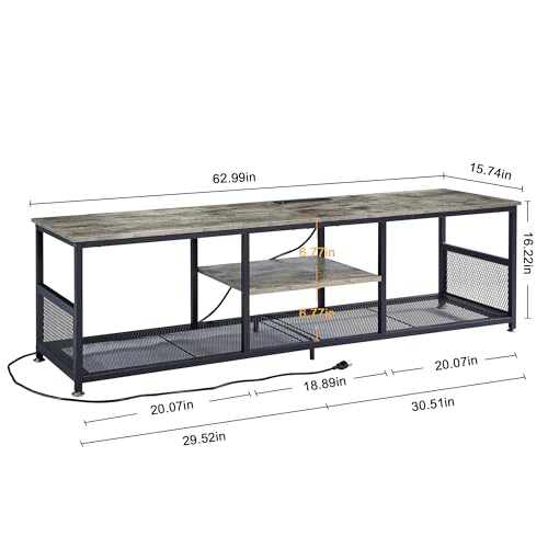 VECELO TV Stand with Power Outlets for Televisions up to 75Inch, 62" Media Entertainment Center with Charging Station 3-Tier Open Storage Shelves with Metal Frame for Living Room/Bedroom,Grey VECELO