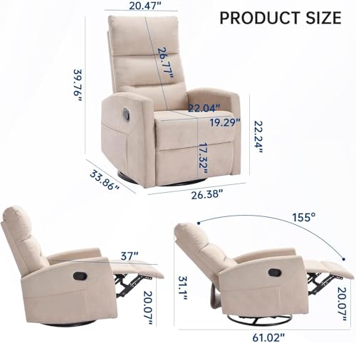 360° Swivel Rocker Recliner Chair for Small Spaces, Manual Reclining Chair for Adults, Rocking Glider Chair for Nursery, Living Room, Bedroom, Polyester Fabric Cream Beige
