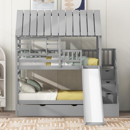 Ball & Cast Bunk Bed Twin Over Twin,House Bunk Bed with Trundle and Slide,Storage Staircase, Roof and Window Design, Full Length Guardrail,Suitable for Boys Girls Bedroom,Gray Ball & Cast