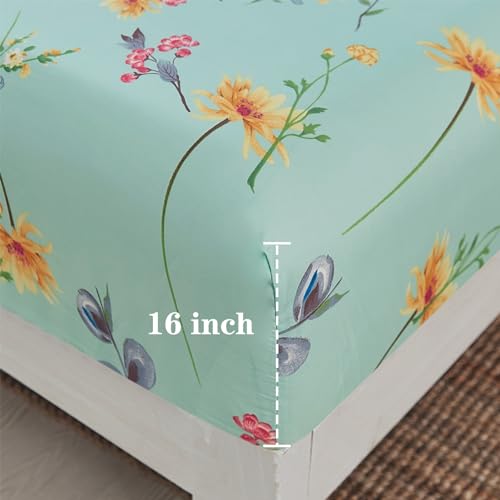 JSD Green Floral Printed Sheet Set Full Size, 4 Piece Soft Botanical Microfiber Sheets Extra Deep Pocket JSD