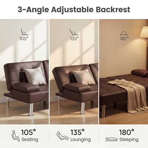 YESHOMY Modern Futon Sofa Bed, Convertible Futon Couch with Adjustable Backrest, Futon Loveseat Sleeper Sofa Bed with Armrest for Living Room, Small Spaces,PU Leather, Brown YESHOMY