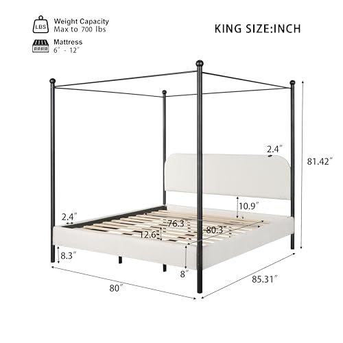 Christopher Knight Home King Size Upholstered Canopy Bed Frame with Boucle Fabric, Curved Headboard and Iron Legs, Modern Platform Bed Frame with Slats No Box Spring Needed, White