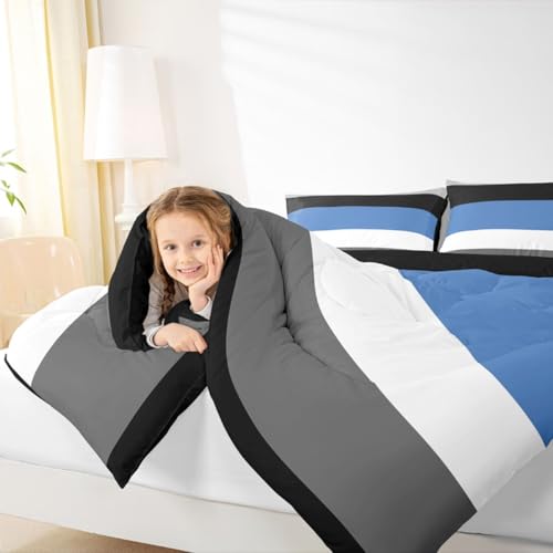 Patchwork Striped Down Comforter Twin Boys Blue Black Dark Gray Bedding Set Bedroom Dorm Decor,Kids Modern Simple Light Grey White Stripes Comforter Set Soft Lightweight Quilt Duvet Insert 2 Pcs Erosebridal