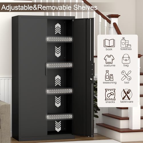 GREATMEET Metal Garage Storage Cabinets, 72" H Locking Garage Cabinets with 2 Doors and 4 Shelves, Utility Cabinet for Office, Garage, Home, Gym, School, Black GREATMEET