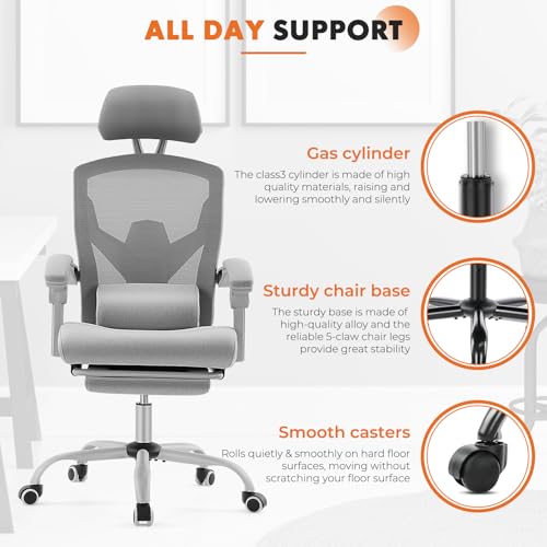 Sweetcrispy Office Computer Desk Chair with Footrest,Ergonomic High-Back Mesh Rolling Work Swivel Chairs with Wheels,Comfortable Lumbar Support,Comfy Arms for Home,Bedroom,Study,Student,Light Grey Sweetcrispy