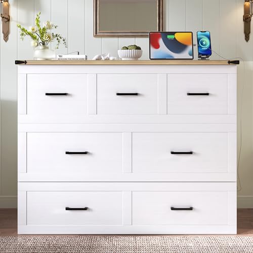 FUvellamo Full Size Murphy Bed Cabinet with Charging Station, Solid Wood Multi-Functional Foldable Platform Bed with Large Storage Drawer for Home Office or Small Room, White FUvellamo