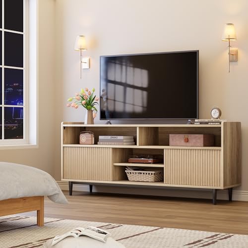 GAOMON Fluted TV Stand for 70 inch, Modern Entertainment Center with Storage and Sliding Doors, Wood Media Console Cabinet Furniture TV Console Table for Living Room Bedroom, Natural Oak GAOMON