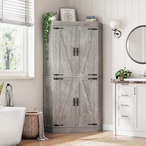 Jocoevol Corner Kitchen Pantry Storage Cabinet with Doors, Kitchen Hutch, 71'' Tall Food Storage Cabinet Furniture for Living Room, Dining Room (Grey) Jocoevol