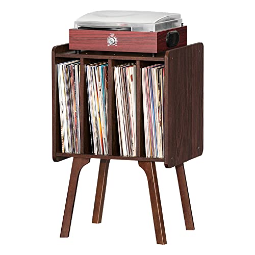 LELELINKY Record Player Stand, Walnut Vinyl Record Storage Table with 4 Cabinet Up to 100 Albums,Mid-Century Modern Turntable Stand with Wood Legs,Vinyl Holder Display Shelf for Bedroom Living Room LELELINKY