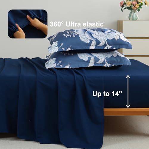 Luxudecor Floral Comforter Set Queen Size 7 Pieces Bed in a Bag,Flower Print on Blue Bedding Set,Soft Microfiber Bedding Set for All Season (Blue,90"x90") Luxudecor