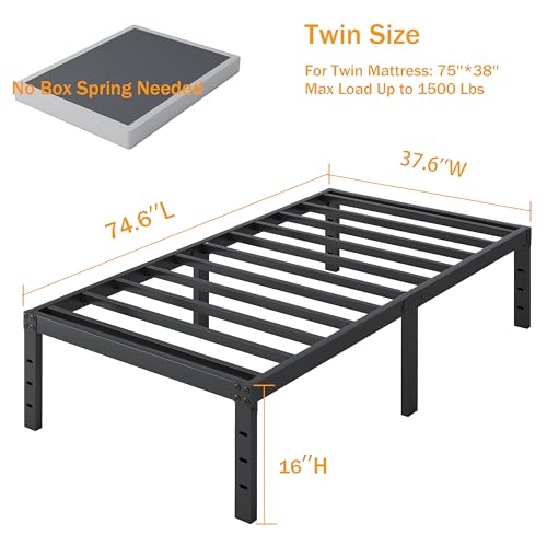 SHLAND Twin Bed Frames 16 Inch Metal Platform Bed Frame No Box Spring Needed, Twin Size Bed with Heavy Duty Strong Slat Support, Easy Assembly, No Noise, Black SHLAND