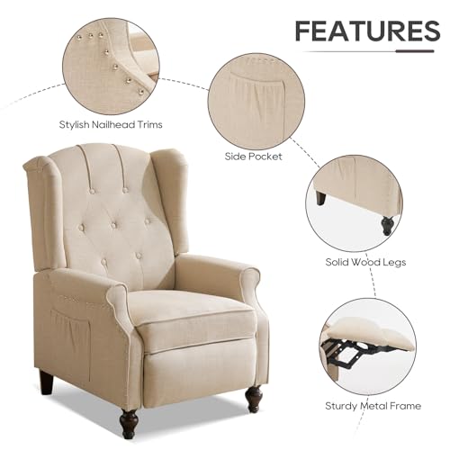 P.H.Furn Wingback Recliner Chair with Massage and Heat, Upholstered Fabric Living Room Chair Armchair with Nailhead Trim,Push Back Recliner Chair with Remote Control,Padded Cushion