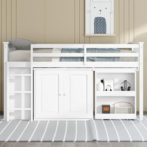 KEIKI Twin Size Low loft Bed with Pull-Out Desk, Rubber Wood Loft Bed with Storage Cabinets & Drawers & Shelves, Low Twin Bed for Kids, White KEIKI