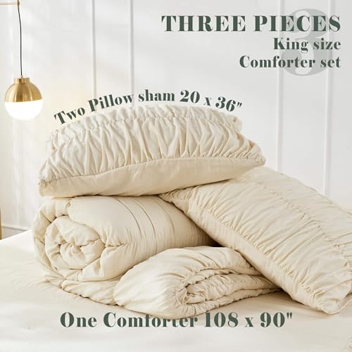 Bonlino King Size Comforter Set Bedding - Ruched Wheat Comforter King Bed Set Boho Shabby Chic Bedding for Bedroom Comforter Fluffy 3 Piece Ruffle Comforter Set with Pillow White Soft and Luxury Bonlino