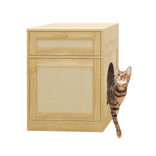 COSLIANA Cat Litter Box Enclosure, Hidden Cat Litter Box Furniture Indoor Wood Cat House Rattan End Table with Drawer, Oak COSLIANA