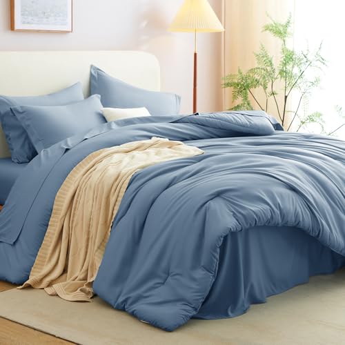 CozyLux Full Comforter Set Grayish Blue, 7 Pieces Bed in a Bag Bedding Comforter Set with Sheets, All Season Boho 7PC Bed Sets with Comforter, Fitted Sheets, Flat Sheets, Pillow Shams and Pillowcases CozyLux