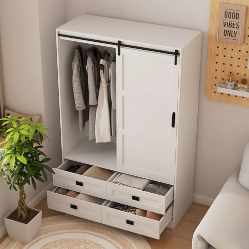 EMKK Tall Armoire Wardrobe Closet Clothing Cabinet with Hanging Rod Barn Door Drawers Open Shelves for Bedroom Freestanding Ar moires Storage OrganizerCabinet, 70.86" H, White EMKK