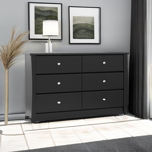 Storkcraft Crescent 6 Drawer Double Dresser (Black) – GREENGUARD Gold Certified, Dresser For Nursery, 6 Drawer Dresser, Kids Dresser, Nursery Dresser Drawer Organizer, Chest of Drawers STORKCRAFT