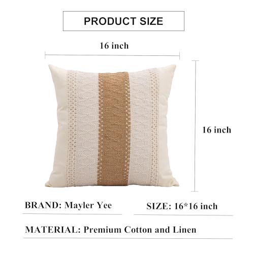 Mayler Yee Throw Pillow Covers 16 x 16 Inch 1PC for Farmhouse Living Room, Cotton & Burlap Textured Striped Woven Boho Pillow Covers (Beige & Brown, Single Striped) Mayler Yee